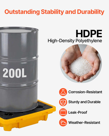 Spill Containment Pallet, 1 Drum Low Profile Spill Containment Modular Platform, 11.4 Gallon Sump, 1543 lbs Load Capacity, Heavy-Duty Polyethylene Tray with Drain, 26.4" x 26.6" x 5.9", Yellow