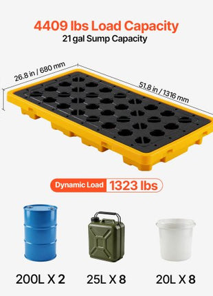 Spill Containment Pallet, 2 Drum Low Profile Spill Containment Modular Platform, 21 Gallon Sump, 4409 lbs Load Capacity, Heavy-Duty Polyethylene Tray with Drain, 51.8" x 26.8" x 5.9", Yellow
