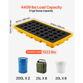 Spill Containment Pallet, 2 Drum Low Profile Spill Containment Modular Platform, 21 Gallon Sump, 4409 lbs Load Capacity, Heavy-Duty Polyethylene Tray with Drain, 51.8" x 26.8" x 5.9", Yellow