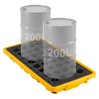 Spill Containment Pallet, 2 Drum Low Profile Spill Containment Modular Platform, 21 Gallon Sump, 4409 lbs Load Capacity, Heavy-Duty Polyethylene Tray with Drain, 51.8" x 26.8" x 5.9", Yellow