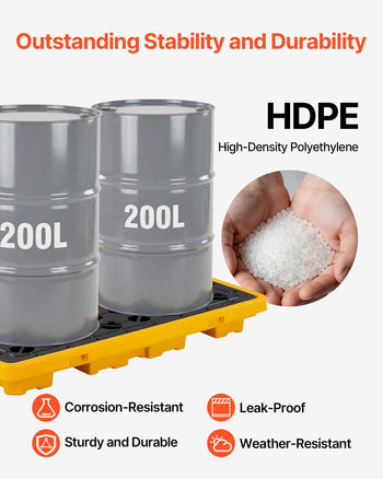 Spill Containment Pallet, 2 Drum Low Profile Spill Containment Modular Platform, 21 Gallon Sump, 4409 lbs Load Capacity, Heavy-Duty Polyethylene Tray with Drain, 51.8" x 26.8" x 5.9", Yellow