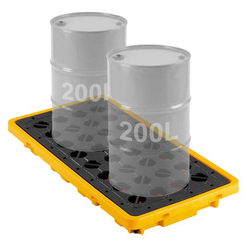 Spill Containment Pallet, 2 Drum Low Profile Spill Containment Modular Platform, 21 Gallon Sump, 4409 lbs Load Capacity, Heavy-Duty Polyethylene Tray with Drain, 51.8" x 26.8" x 5.9", Yellow