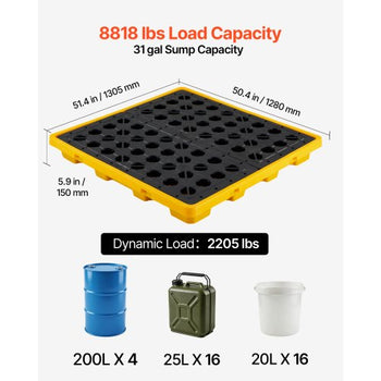 Spill Containment Pallet, 4 Drum Low Profile Spill Containment Modular Platform, 31 Gallon Sump, 8818 lbs Load Capacity, Heavy-Duty Polyethylene Tray with Drain, 51.4" x 50.4" x 5.9", Yellow
