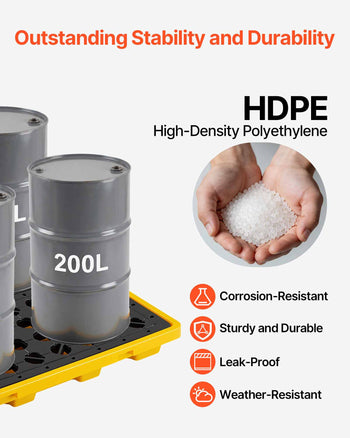 Spill Containment Pallet, 4 Drum Low Profile Spill Containment Modular Platform, 31 Gallon Sump, 8818 lbs Load Capacity, Heavy-Duty Polyethylene Tray with Drain, 51.4" x 50.4" x 5.9", Yellow
