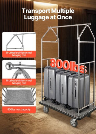 Hotel Luggage Cart, 800 LBS Load Capacity, Brushed Stainless Steel Finish Bellman's Cart, Valet Cart with Grey Carpeted Deck and 6-inch Rubber Wheels, Ideal for Hotels, Condos, Resorts, Silver