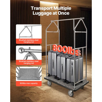 Hotel Luggage Cart, 800 LBS Load Capacity, Brushed Stainless Steel Finish Bellman's Cart, Valet Cart with Grey Carpeted Deck and 6-inch Rubber Wheels, Ideal for Hotels, Condos, Resorts, Silver