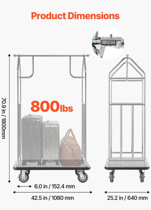 Hotel Luggage Cart, 800 LBS Load Capacity, Brushed Stainless Steel Finish Bellman's Cart, Valet Cart with Grey Carpeted Deck and 6-inch Rubber Wheels, Ideal for Hotels, Condos, Resorts, Silver