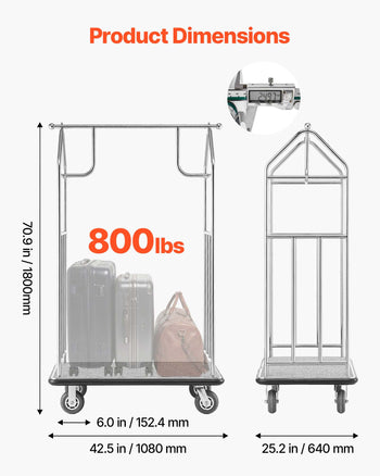 Hotel Luggage Cart, 800 LBS Load Capacity, Brushed Stainless Steel Finish Bellman's Cart, Valet Cart with Grey Carpeted Deck and 6-inch Rubber Wheels, Ideal for Hotels, Condos, Resorts, Silver