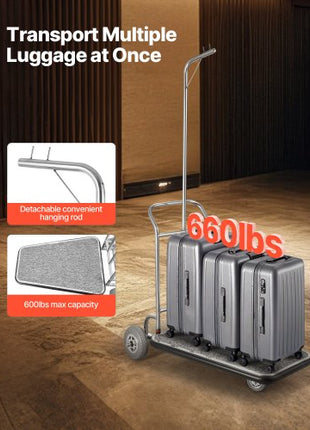 Luggage Cart, 600 LBS Load Capacity, 3 Wheel Stainless Steel Bellman Cart, Valet Cart with Grey Carpeted Deck and Rubber Wheels, Ideal for Convention Centers, Hotels, Rental Properties, Silver