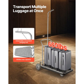 Luggage Cart, 600 LBS Load Capacity, 3 Wheel Stainless Steel Bellman Cart, Valet Cart with Grey Carpeted Deck and Rubber Wheels, Ideal for Convention Centers, Hotels, Rental Properties, Silver