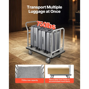 Hotel Luggage Cart, 750 LBS Load Capacity, Deluxe Platform Truck with Removable Front Frame, Valet Cart with Grey Carpeted Deck and 6-inch Rubber Wheels, Ideal for Hotels, Condos, Resorts