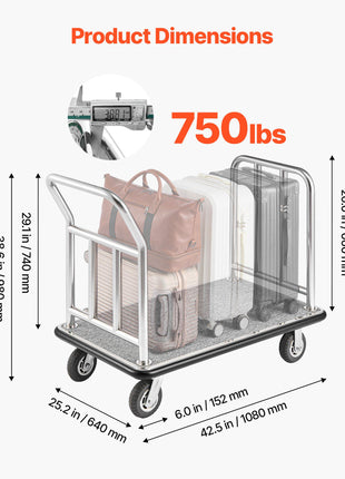 Hotel Luggage Cart, 750 LBS Load Capacity, Deluxe Platform Truck with Removable Front Frame, Valet Cart with Grey Carpeted Deck and 6-inch Rubber Wheels, Ideal for Hotels, Condos, Resorts