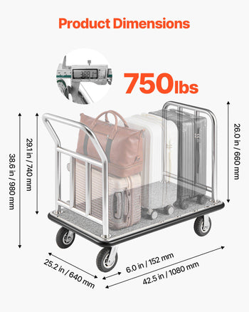 Hotel Luggage Cart, 750 LBS Load Capacity, Deluxe Platform Truck with Removable Front Frame, Valet Cart with Grey Carpeted Deck and 6-inch Rubber Wheels, Ideal for Hotels, Condos, Resorts