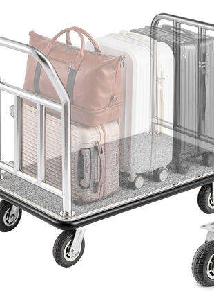 Hotel Luggage Cart, 750 LBS Load Capacity, Deluxe Platform Truck with Removable Front Frame, Valet Cart with Grey Carpeted Deck and 6-inch Rubber Wheels, Ideal for Hotels, Condos, Resorts