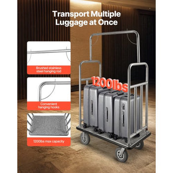 Hotel Luggage Cart, 1200 LBS Load Capacity, Brushed Stainless Steel Finish Bellman's Cart, Valet Cart with Grey Carpeted Deck and 8-inch Rubber Wheels, Ideal for Hotels, Condos, Resorts, Silver