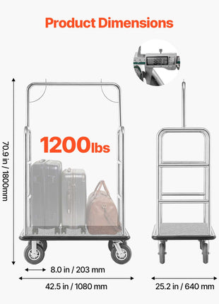 Hotel Luggage Cart, 1200 LBS Load Capacity, Brushed Stainless Steel Finish Bellman's Cart, Valet Cart with Grey Carpeted Deck and 8-inch Rubber Wheels, Ideal for Hotels, Condos, Resorts, Silver