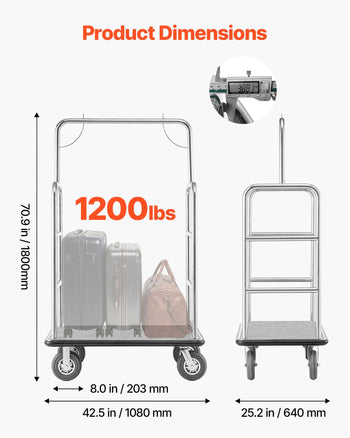 Hotel Luggage Cart, 1200 LBS Load Capacity, Brushed Stainless Steel Finish Bellman's Cart, Valet Cart with Grey Carpeted Deck and 8-inch Rubber Wheels, Ideal for Hotels, Condos, Resorts, Silver