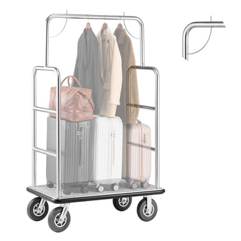 Hotel Luggage Cart, 1200 LBS Load Capacity, Brushed Stainless Steel Finish Bellman's Cart, Valet Cart with Grey Carpeted Deck and 8-inch Rubber Wheels, Ideal for Hotels, Condos, Resorts, Silver