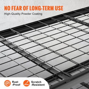 Black powder-coated metal shelving rack, rust-proof and scratch-resistant, ideal for long-term storage solutions.