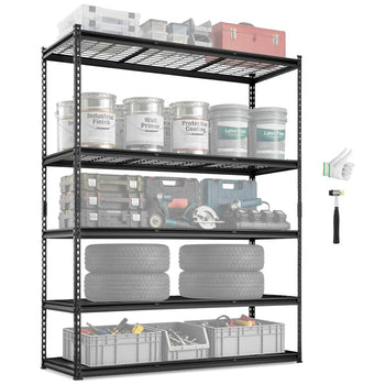Black metal shelving unit with five shelves, holding storage bins, paint cans, and tires, ideal for garages or workshops.