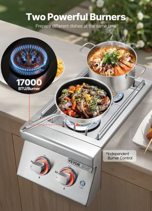 Double Grilling Side Burners, 2 x 17,000BTU Liquid Propane Side Burner for Outdoor Kitchen, Convertible to Natural Gas, 304 Stainless Steel Built-in Double Burners with LED for BBQ Grill Island