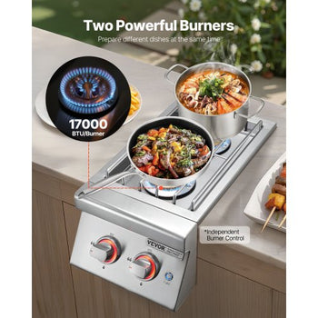 Double Grilling Side Burners, 2 x 17,000BTU Liquid Propane Side Burner for Outdoor Kitchen, Convertible to Natural Gas, 304 Stainless Steel Built-in Double Burners with LED for BBQ Grill Island