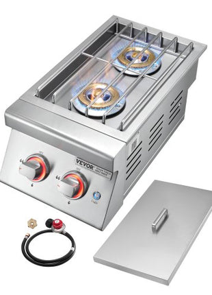 Double Grilling Side Burners, 2 x 17,000BTU Liquid Propane Side Burner for Outdoor Kitchen, Convertible to Natural Gas, 304 Stainless Steel Built-in Double Burners with LED for BBQ Grill Island