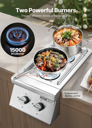 Double Grilling Side Burners, 2 x 15,000BTU Liquid Propane Side Burner for Outdoor Kitchen, Convertible to Natural Gas, 304 Stainless Steel Built-in Double Grill Burners for BBQ Grill Island