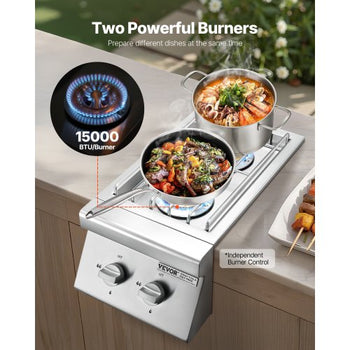Double Grilling Side Burners, 2 x 15,000BTU Liquid Propane Side Burner for Outdoor Kitchen, Convertible to Natural Gas, 304 Stainless Steel Built-in Double Grill Burners for BBQ Grill Island