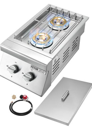 Double Grilling Side Burners, 2 x 15,000BTU Liquid Propane Side Burner for Outdoor Kitchen, Convertible to Natural Gas, 304 Stainless Steel Built-in Double Grill Burners for BBQ Grill Island
