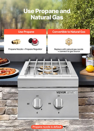 Double Grilling Side Burners, 2 x 15,000BTU Liquid Propane Side Burner for Outdoor Kitchen, Convertible to Natural Gas, 304 Stainless Steel Built-in Double Grill Burners for BBQ Grill Island