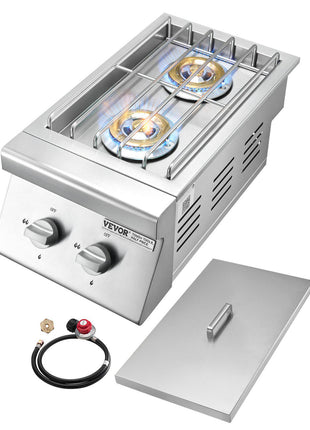 Double Grilling Side Burners, 2 x 15,000BTU Liquid Propane Side Burner for Outdoor Kitchen, Convertible to Natural Gas, 304 Stainless Steel Built-in Double Grill Burners for BBQ Grill Island