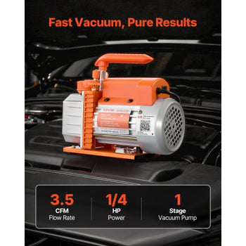 Vacuum Pump, 3.5 CFM 1/4 HP, HVAC Single Stage Rotary Vane AC Vacuum Pump, for R134a R22 R410a Systems, 4 Pole Motor, for Automotive Air Conditioner Maintenance Resin Degassing, Oil Included