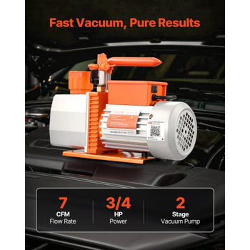 Vacuum Pump, 7 CFM 3/4 HP, HVAC Two Stage Rotary Vane AC Vacuum Pump, for R134a R22 R410a R1234YF R32, 4 Pole Motor, for Automotive Air Conditioner Maintenance Resin Degassing, Oil Included