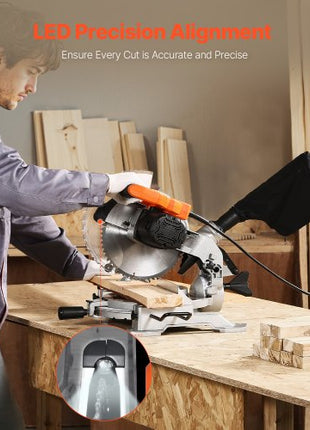 Compound Miter Saw, 10-Inch Blade, 15 Amp Motor, 60-Tooth, Corded Single Bevel 0-45°, LED Precision Alignment, Angle Adjustable, Lightweight Cast Aluminum Base, for Wood, Composite Decking