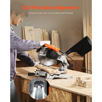 Compound Miter Saw, 10-Inch Blade, 15 Amp Motor, 60-Tooth, Corded Single Bevel 0-45°, LED Precision Alignment, Angle Adjustable, Lightweight Cast Aluminum Base, for Wood, Composite Decking