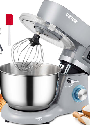 Stand Mixer, 660W Electric Dough Mixer with 6 Speeds LCD Screen Timing, Tilt-Head Food Mixer with 5.8 Qt Stainless Steel Bowl, Dough Hook, Flat Beater, Whisk, Scraper, Splash-Proof Cover - Gray