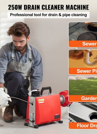 66FT x 5/8 Inch Drain Cleaner Machine, 250W Electric Sewer Snake Auger Manual Feed - with 7 Cutters, 2 Steel Cables (66' x 5/8" and 15' x 3/8")& CW/CCW Control for 1.6" to 4" Pipes