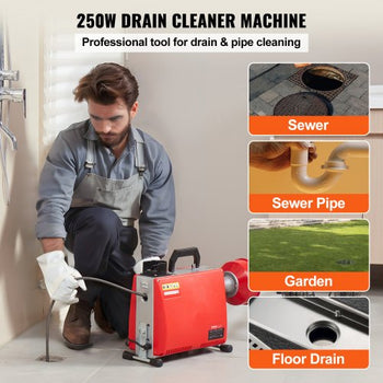 66FT x 5/8 Inch Drain Cleaner Machine, 250W Electric Sewer Snake Auger Manual Feed - with 7 Cutters, 2 Steel Cables (66' x 5/8" and 15' x 3/8")& CW/CCW Control for 1.6" to 4" Pipes