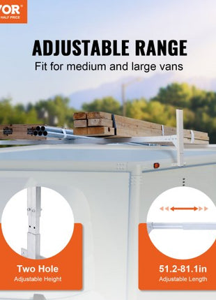 Van Roof Ladder Rack, 2 Bars Aluminum Alloy Roof Ladder Racks, 400 LBS Capacity Rain-Gutter Van Roof Rack, Adjustable Length 51.2" to 81.1", Van Ladder Rack for Van, Cargo, Trailer
