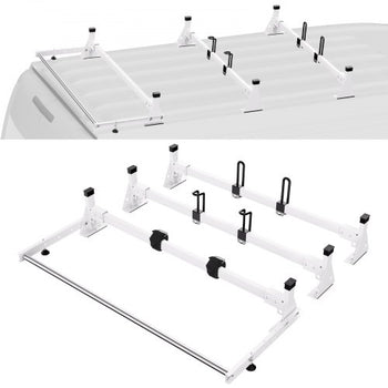 Trailer Ladder Rack, 54" 3 Crossbars Ladder Roof Rack, Heavy-duty Steel Van Roof Rack, 800 lbs Capacity Van Ladder Rack with Cargo Roller and Straps, Fit for Ford Transit 150 250 350, 2015-2022