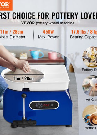 Pottery Wheel, 450W, For Adults and Beginners, 11in Clay Wheel Machine,  Adjustable 60-300RPM Speed Handle and Pedal, ABS Detachable Basin, Accessory Kit for Craft DIY, LCD Touch Screen, Blue