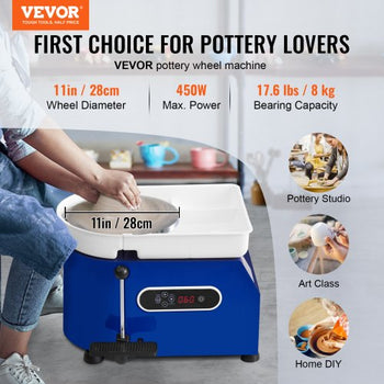 Pottery Wheel, 450W, For Adults and Beginners, 11in Clay Wheel Machine,  Adjustable 60-300RPM Speed Handle and Pedal, ABS Detachable Basin, Accessory Kit for Craft DIY, LCD Touch Screen, Blue