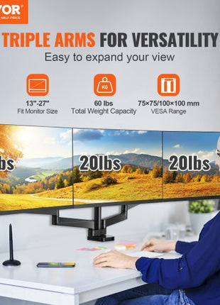 Triple Monitor Mount, Supports 13"-27" Screens, Fully Adjustable Gas Spring Monitor Arm, Holds up to 20 lbs per Arm, Triple Monitor Stand with C-Clamp/Grommet Mounting Base, VESA Mount 75/100 mm