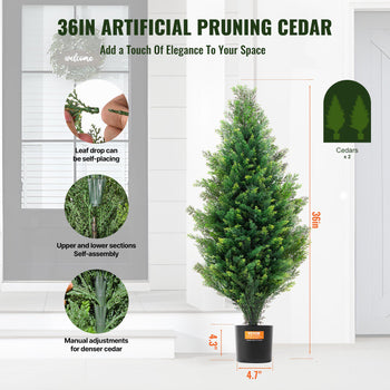 Artificial Cedar Topiary Tree, 36 inch Tall (2 Pieces), with Extra Leaves & Pot Faux Evergreen Fake Pine Cypress Trees Plant, UV Rated Artificial Greenery Set for Home Decor Indoor/Outdoor