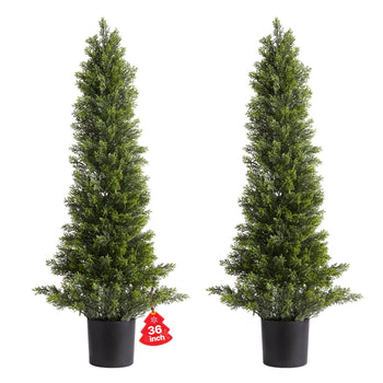 Artificial Topiary Cedar Trees, 36 inch 2 Set Faux Pine Shrubs Plants, Fake Silk Tree Look Real, Easy Assembly for Decor Front Porch Outdoor Patio Garden Balcony Backyard Indoor Office