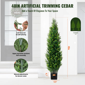 Artificial Cedar Topiary Tree, 48 inch Tall (2 Pieces), with Extra Leaves & Pot Faux Evergreen Fake Pine Cypress Trees Plant, UV Rated Artificial Greenery Set for Home Decor Indoor/Outdoor