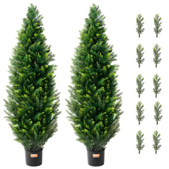 Artificial Cedar Topiary Tree, 48 inch Tall (2 Pieces), with Extra Leaves & Pot Faux Evergreen Fake Pine Cypress Trees Plant, UV Rated Artificial Greenery Set for Home Decor Indoor/Outdoor