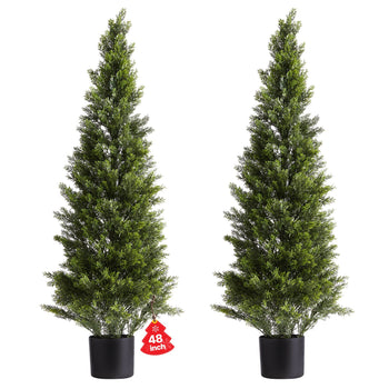 Artificial Topiary Cedar Trees, 48 inch 2 Set Faux Pine Shrubs Plants, Fake Silk Tree Look Real, Easy Assembly for Decor Front Porch Outdoor Patio Garden Balcony Backyard Indoor Office