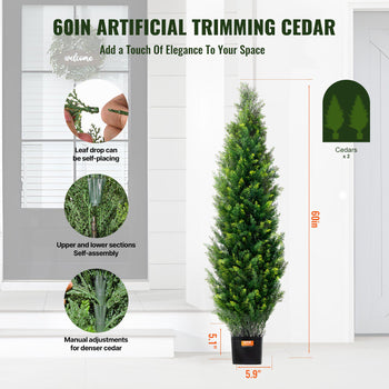 Artificial Cedar Topiary Tree, 60 inch Tall (2 Pieces), with Extra Leaves & Pot Faux Evergreen Fake Pine Cypress Trees Plant, UV Rated Artificial Greenery Set for Home Decor Indoor/Outdoor